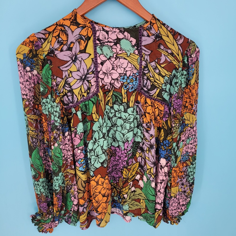 Anthropologie Bl^nk London Miranda Peasant Floral Lilac Blouse Medium boho chic